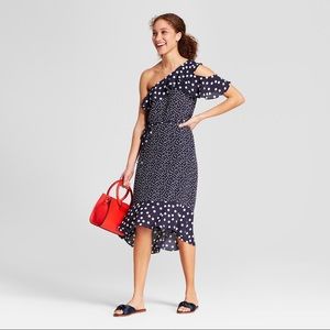 Navy Polka Dot One Shoulder Midi Dress